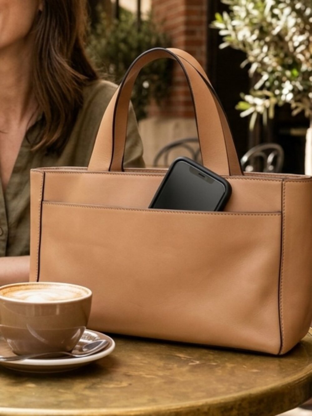 Kenneth Cole New York Camel Color Leather Medium standup Bucket Handbag